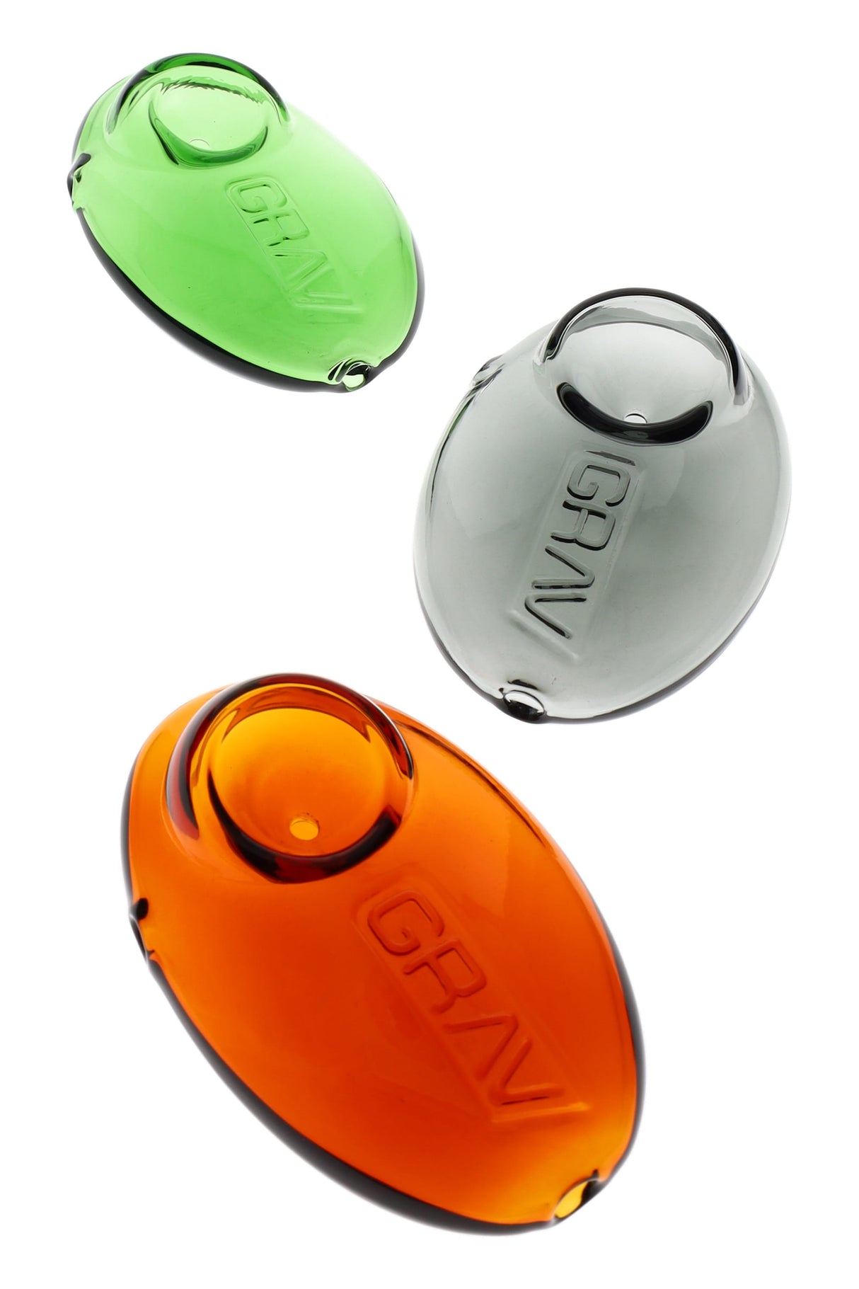 Compact 3-inch GRAV Pebble spoon pipe in thick borosilicate with low-profile bowl, side carb, and embossed logo, shown in assorted colors on white background.