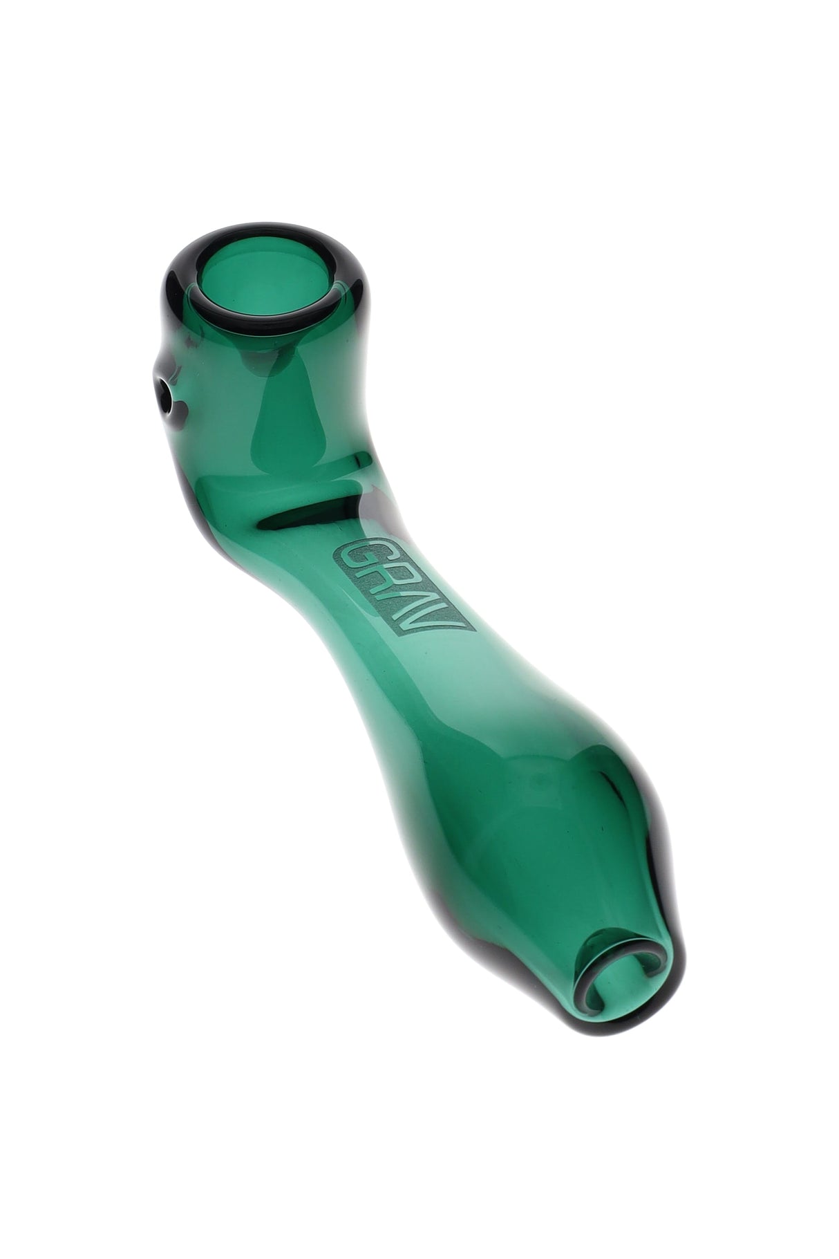 Lake Green GRAV glass Sherlock pipe diagonal view showcasing sleek curvature and mouthpiece crimp