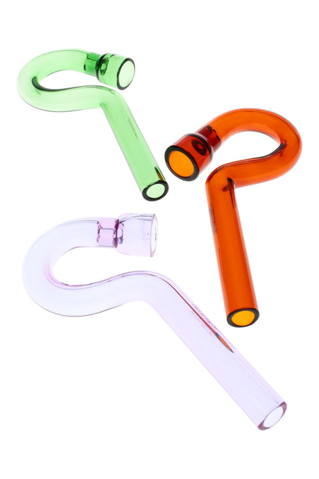 Three GRAV Hook Hitter sherlock hand pipes in green, amber, and lavender glass, compact hook-shaped design with upright bowl.