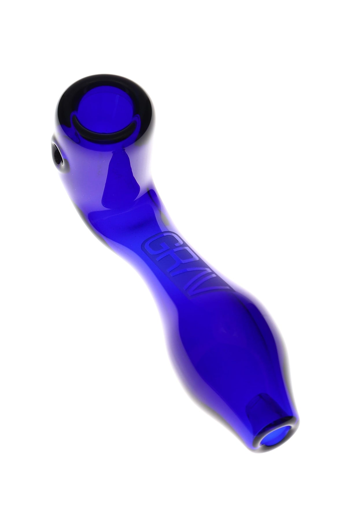 Deep cobalt-blue GRAV Mini Classic Sherlock, 4″ borosilicate hand pipe with curved stem, side carb, and GRAV logo emboss
