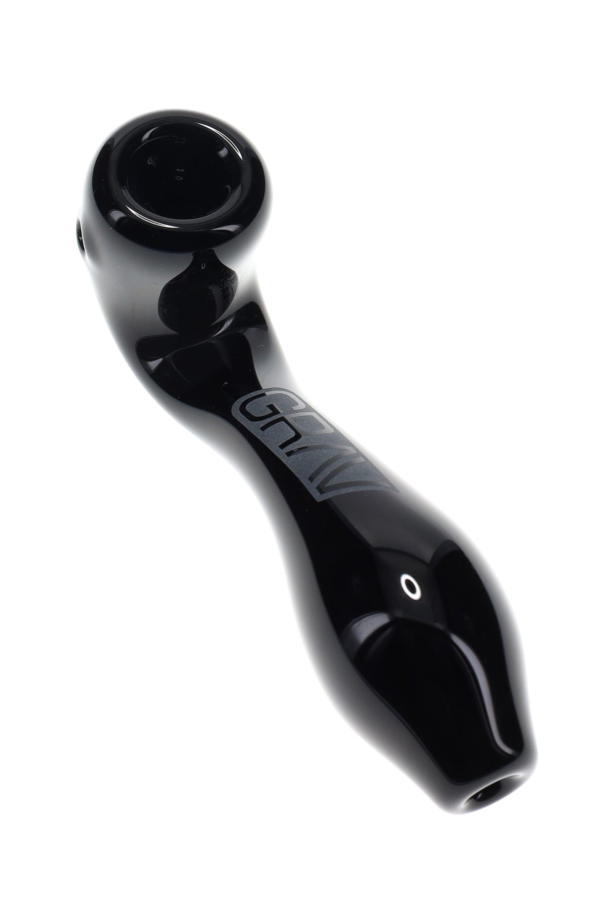 Glossy black GRAV Mini Classic Sherlock, curved 4″ glass hand pipe featuring deep bowl, side carb, and GRAV logo along the stem