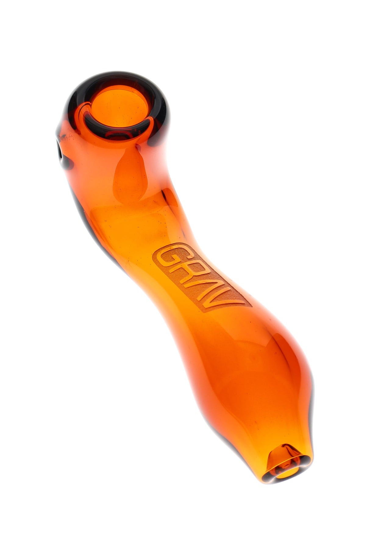 Translucent orange GRAV Mini Classic Sherlock, 4″ borosilicate hand pipe with deep bowl, side carb, and ash-catching inverted mouthpiece