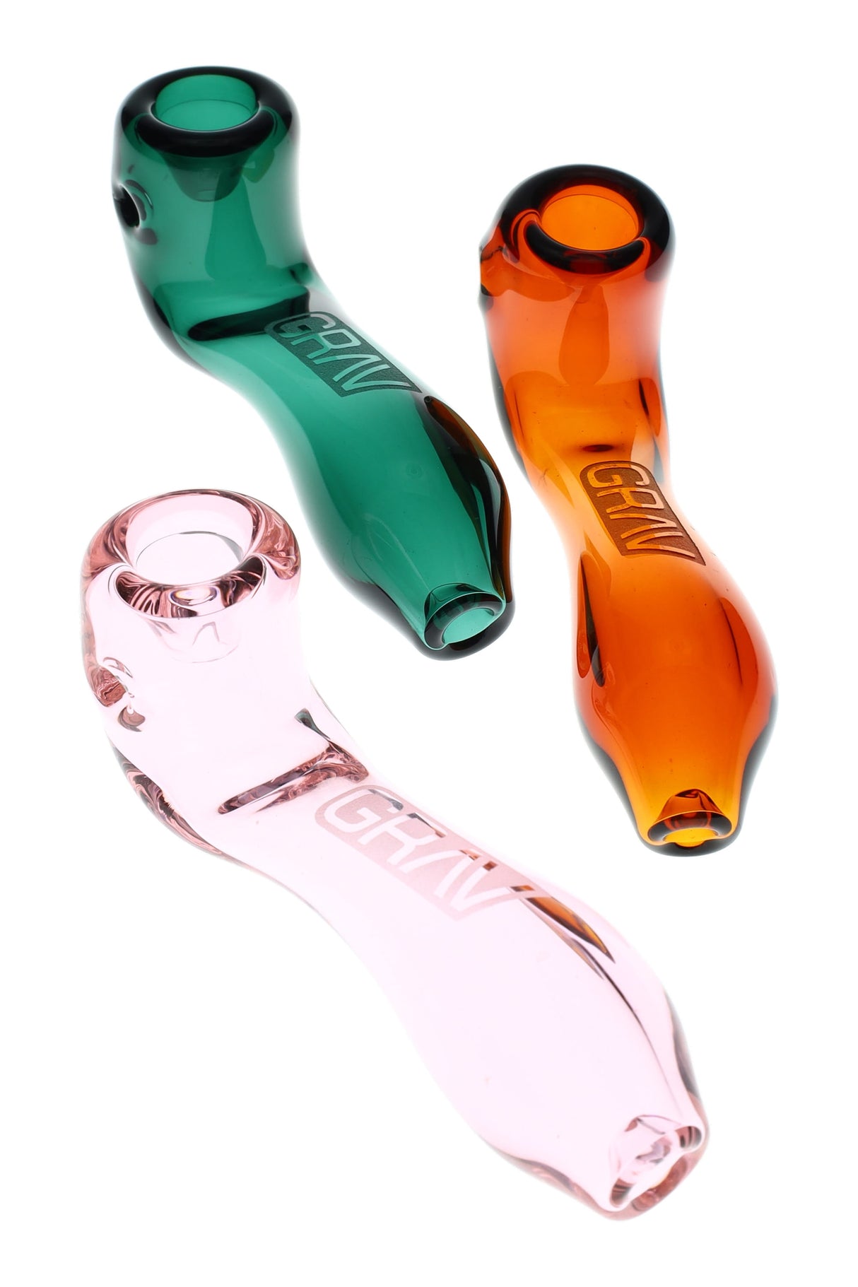 hree GRAV Mini Classic Sherlock glass hand pipes in pink, green, and orange, compact 4-inch dry herb pipes with curved bowls and GRAV logos