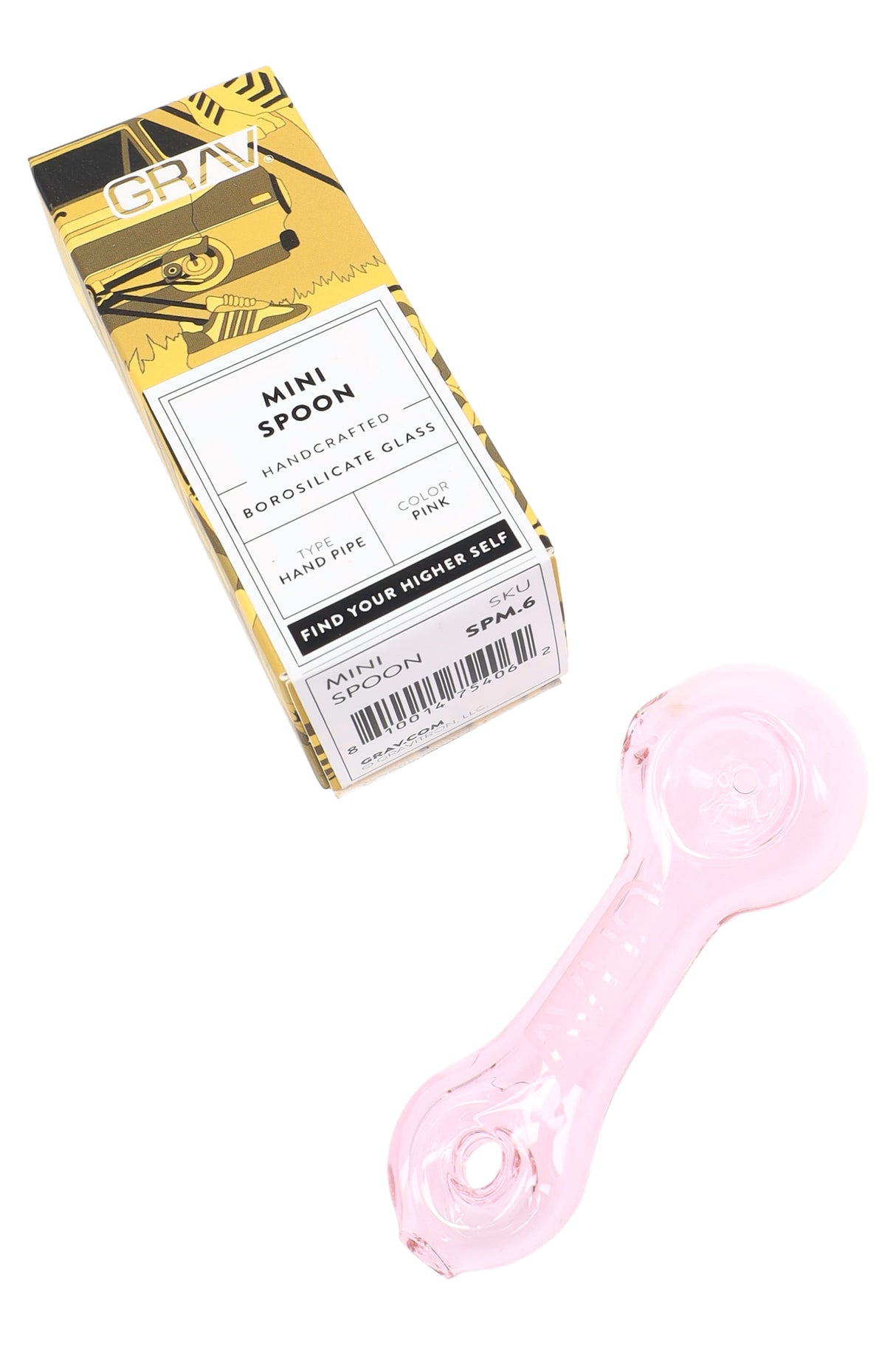 Pink GRAV Mini Spoon hand pipe displayed beside branded retail box labeled “Mini Spoon,” compact glass pipe for dry herb.