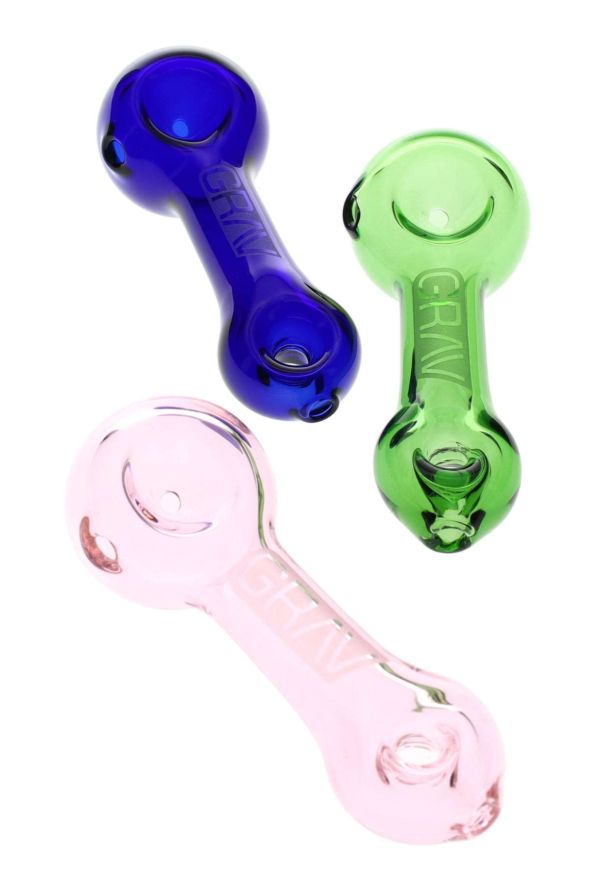 Three GRAV Mini Spoon hand pipes in pink, green, and cobalt glass, compact borosilicate spoons with side carbs shown on white background.