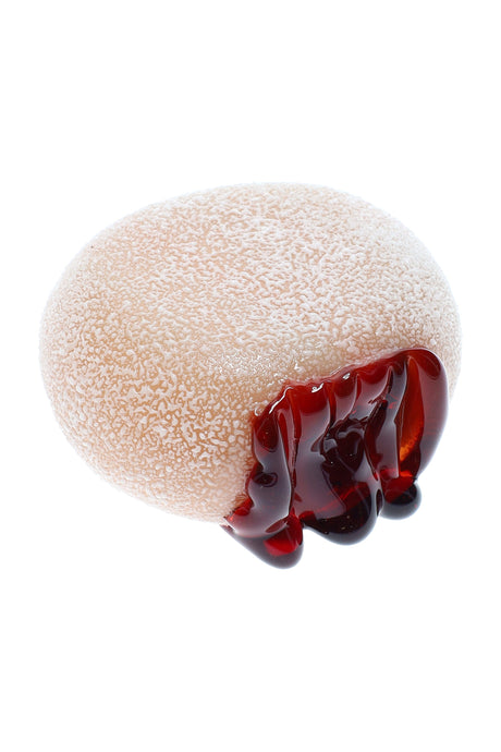 US-made glass donut hand pipe with frosted “powdered sugar” finish and glossy red jelly drip detail.