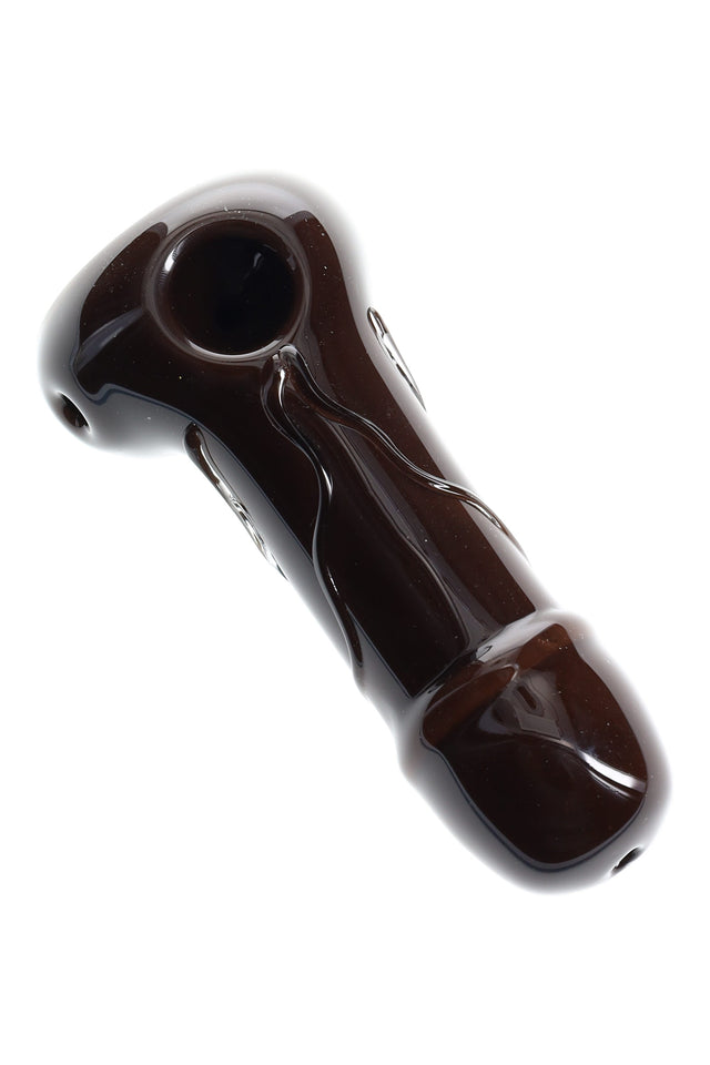 Large US-made brown glass phallus spoon hand pipe with deep bowl and glossy finish shown from top angle.