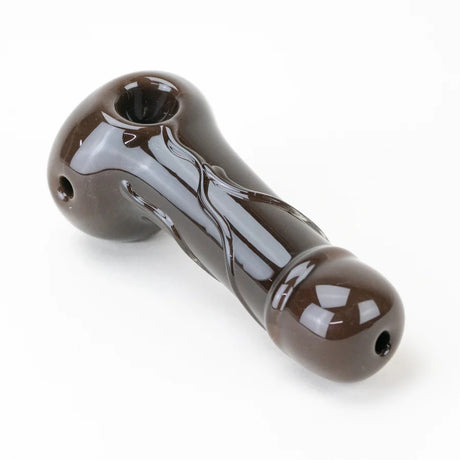 Rear view of US-made phallus glass spoon pipe showing bowl opening and compact spoon layout.