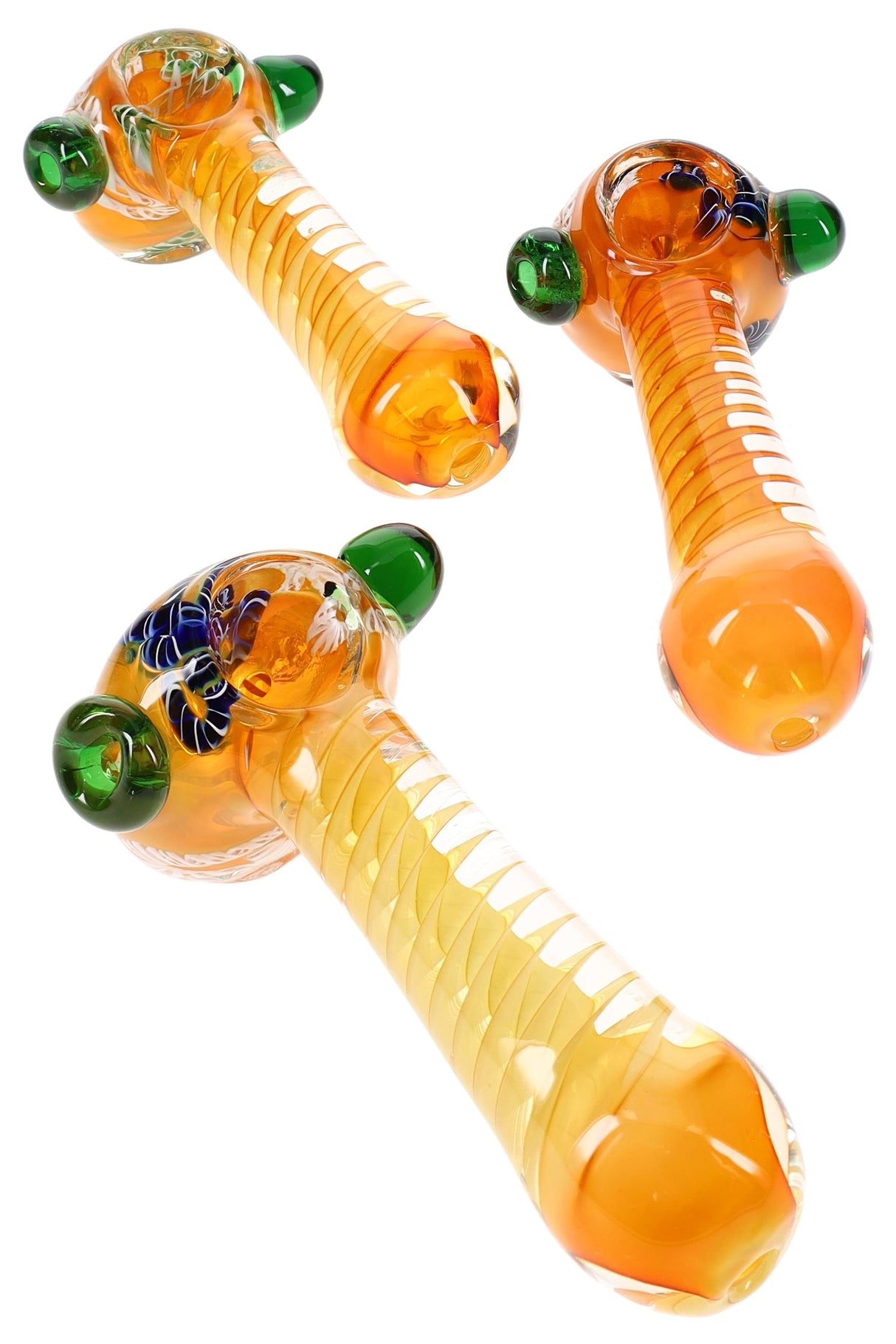 5″ gold-fumed glass hammer pipe with spiral stem, deep bowl, and green marble roll-stops; color-changing amber finish; sold individually.