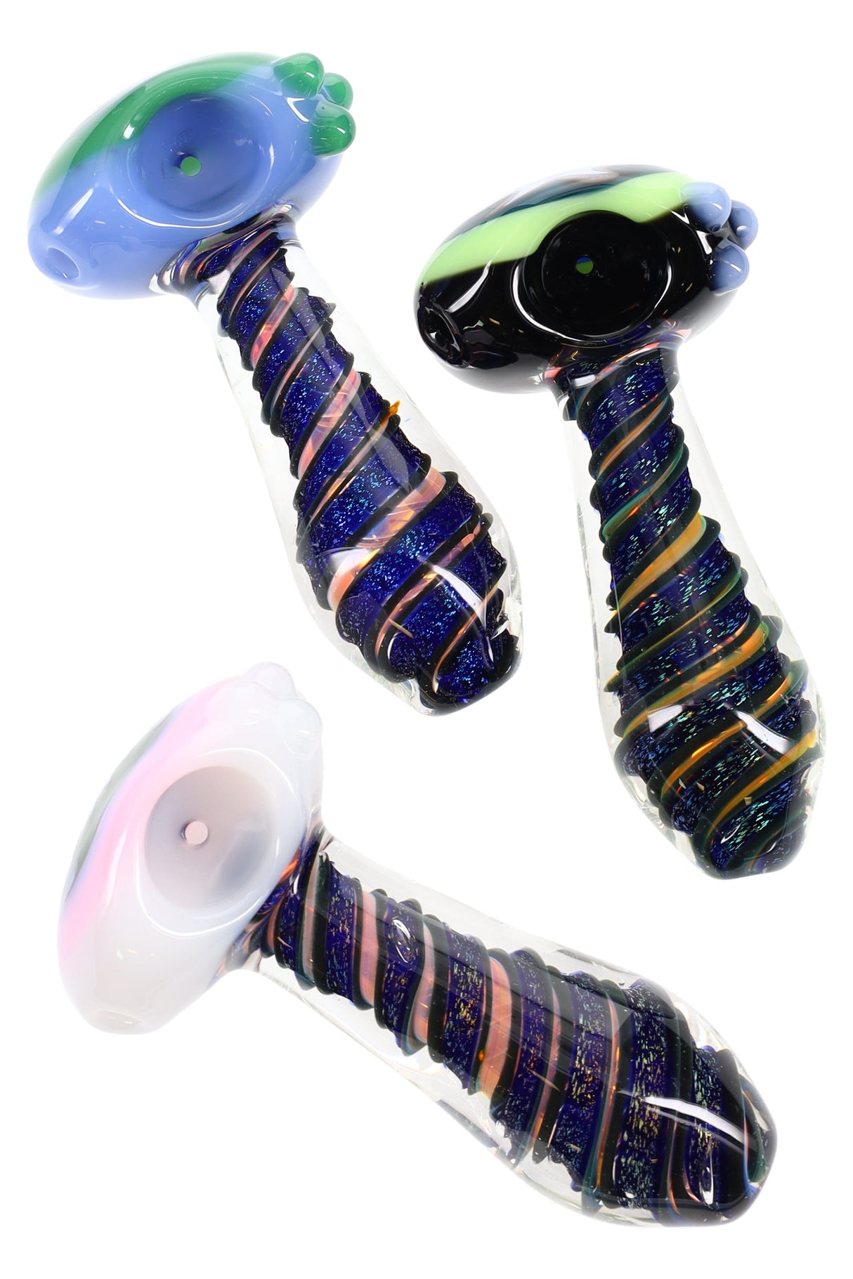 4″ dichro and gold-fumed glass spoon with neon wig-wag bowl, spiral-striped handle, and marble grips; assorted colors, about 120 g.