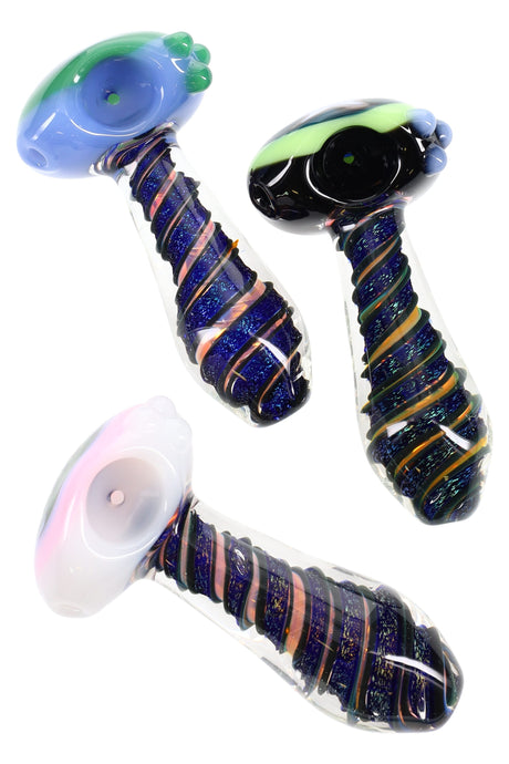 4″ dichro and gold-fumed glass spoon with neon wig-wag bowl, spiral-striped handle, and marble grips; assorted colors, about 120 g.