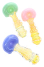 4½″ color-changing glass spoon with neon bowl, bubble-accent stem, and ringed grip; assorted colors, about 125 g, sold individually.