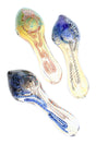 4½-inch color-changing glass hand pipe with frit bowl and squiggle stripes, shown in assorted colors and patterns.