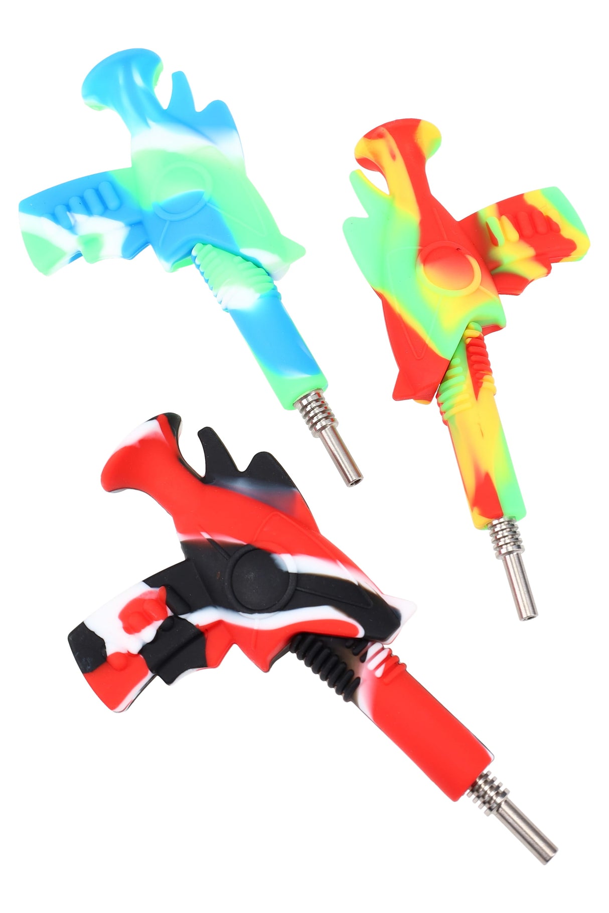 Trio of 6-inch silicone ray-gun dab straws—red/black, rainbow, and aqua swirl—displayed on white background with detachable metal tips.