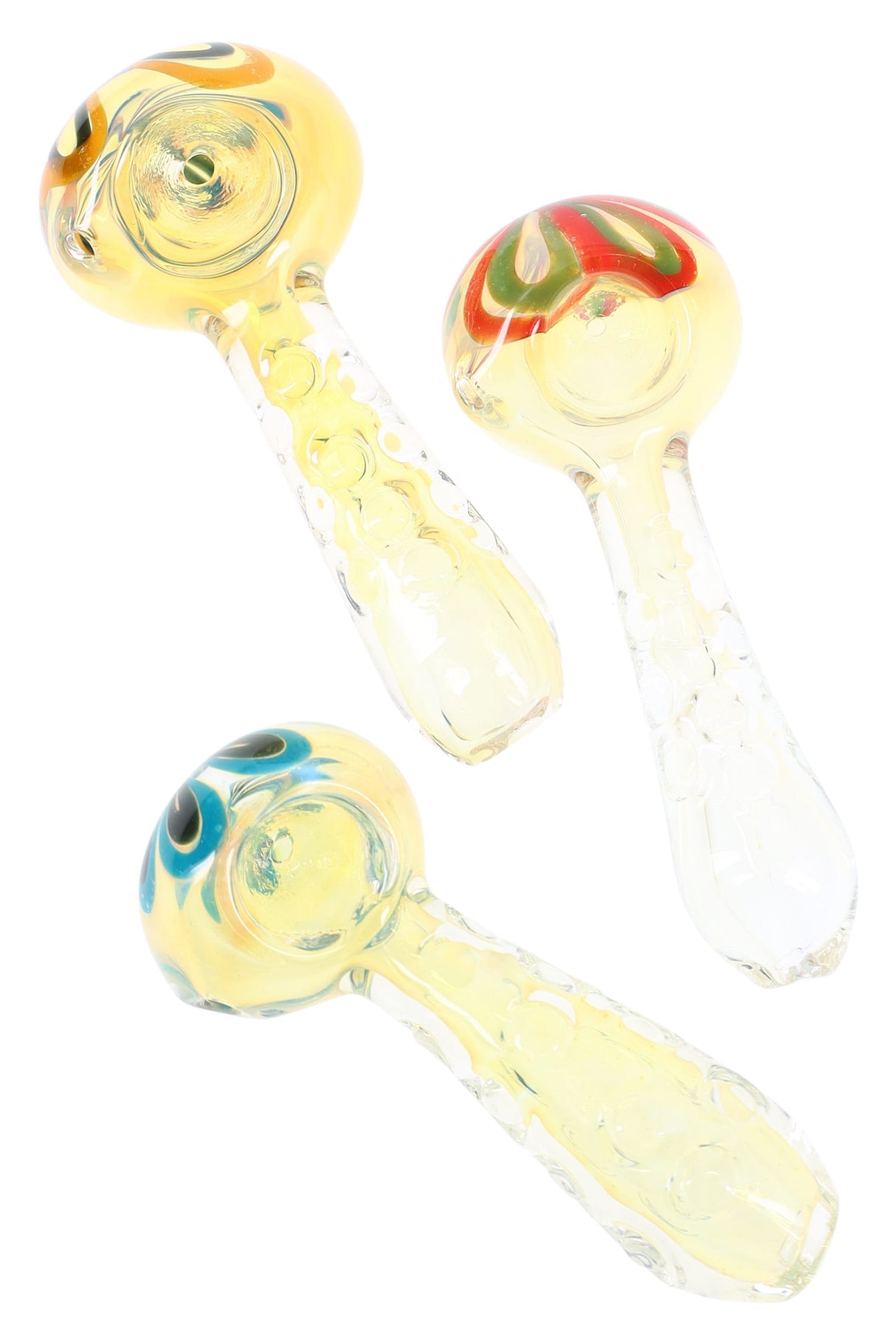 3.5-inch silver-fumed glass spoon pipe with color-changing body, four side indentation grips, deep bowl, and side carb, angled on a white background.