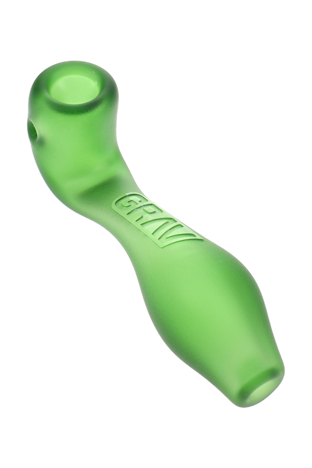 Light green GRAV sandblasted Mini Sherlock glass hand pipe, frosted texture with side carb and embossed logo, compact bowl for dry herb.