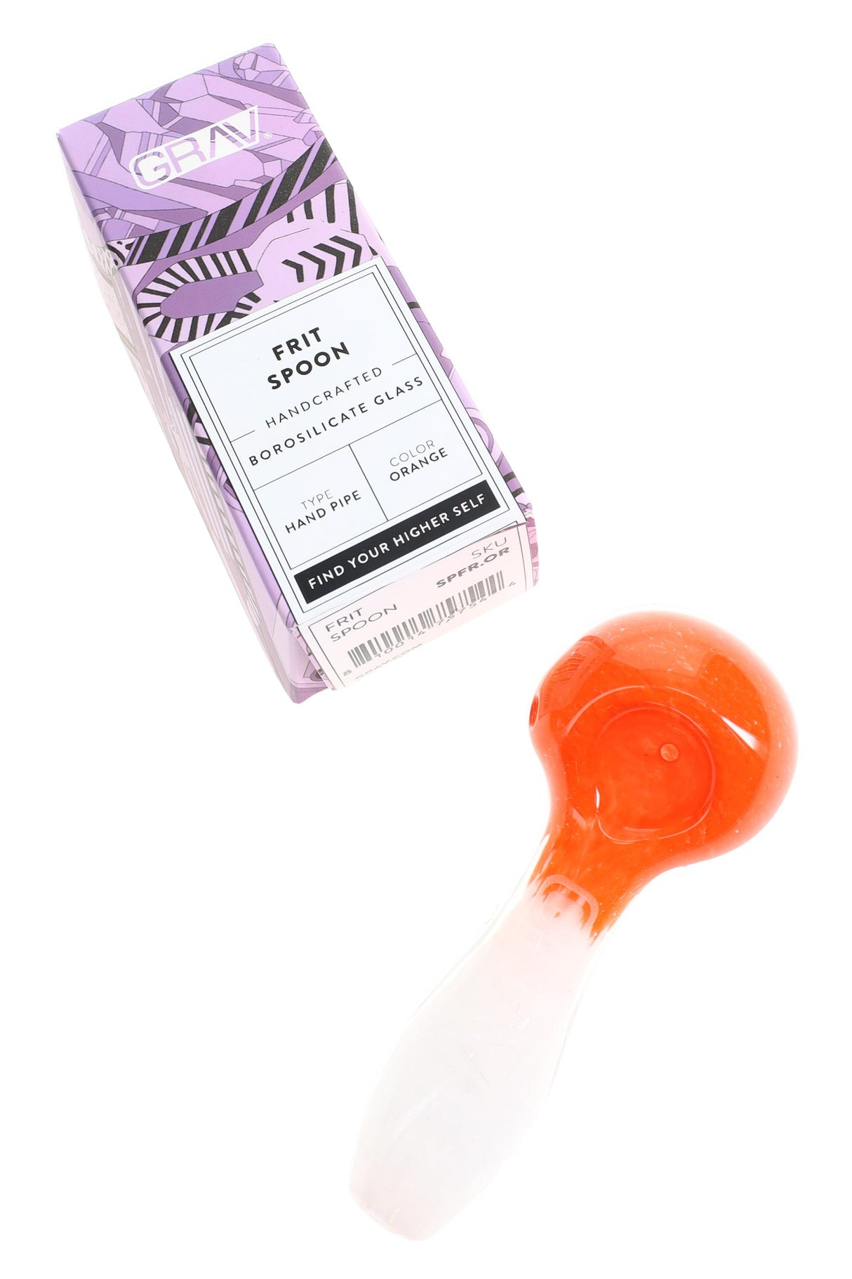 Orange and white GRAV frit spoon next to branded retail box labeled “Frit Spoon,” merchandising angle on white.