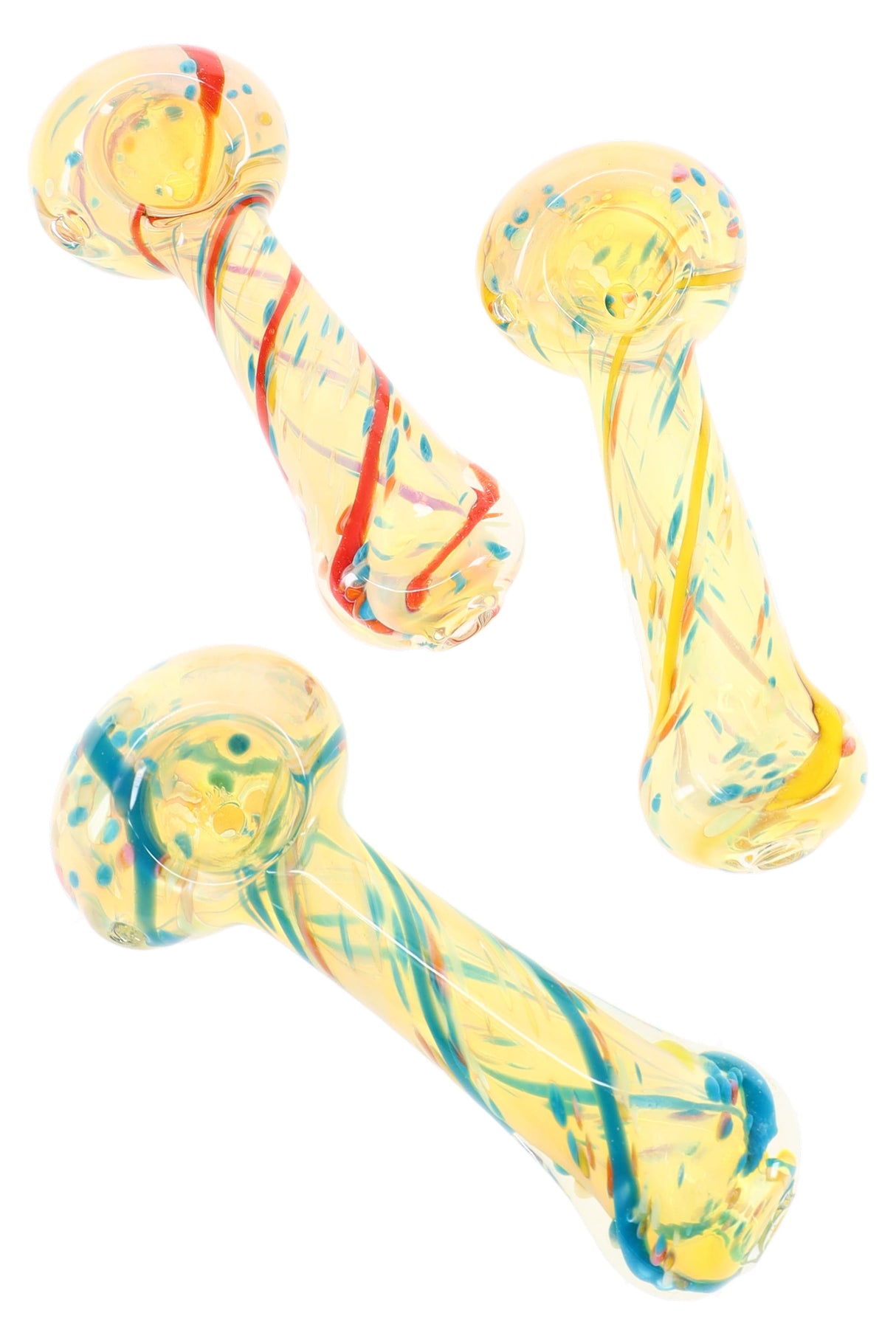 4 inch color changing spiral stripe glass hand pipe with multicolor frit accents, compact spoon design in assorted patterns