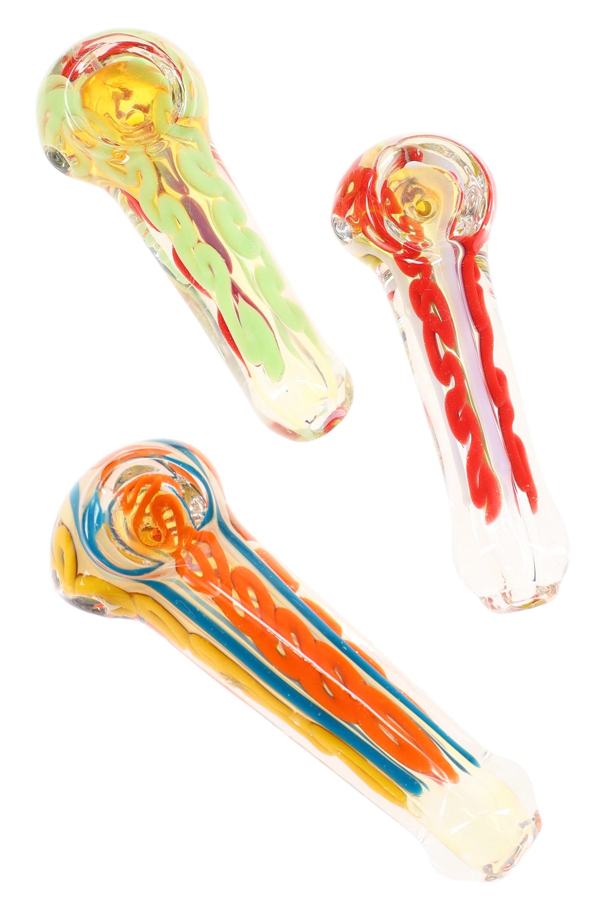 4 inch color changing squiggle striped glass hand pipe with bright multicolor lines inside clear glass, shown in assorted variations on white background