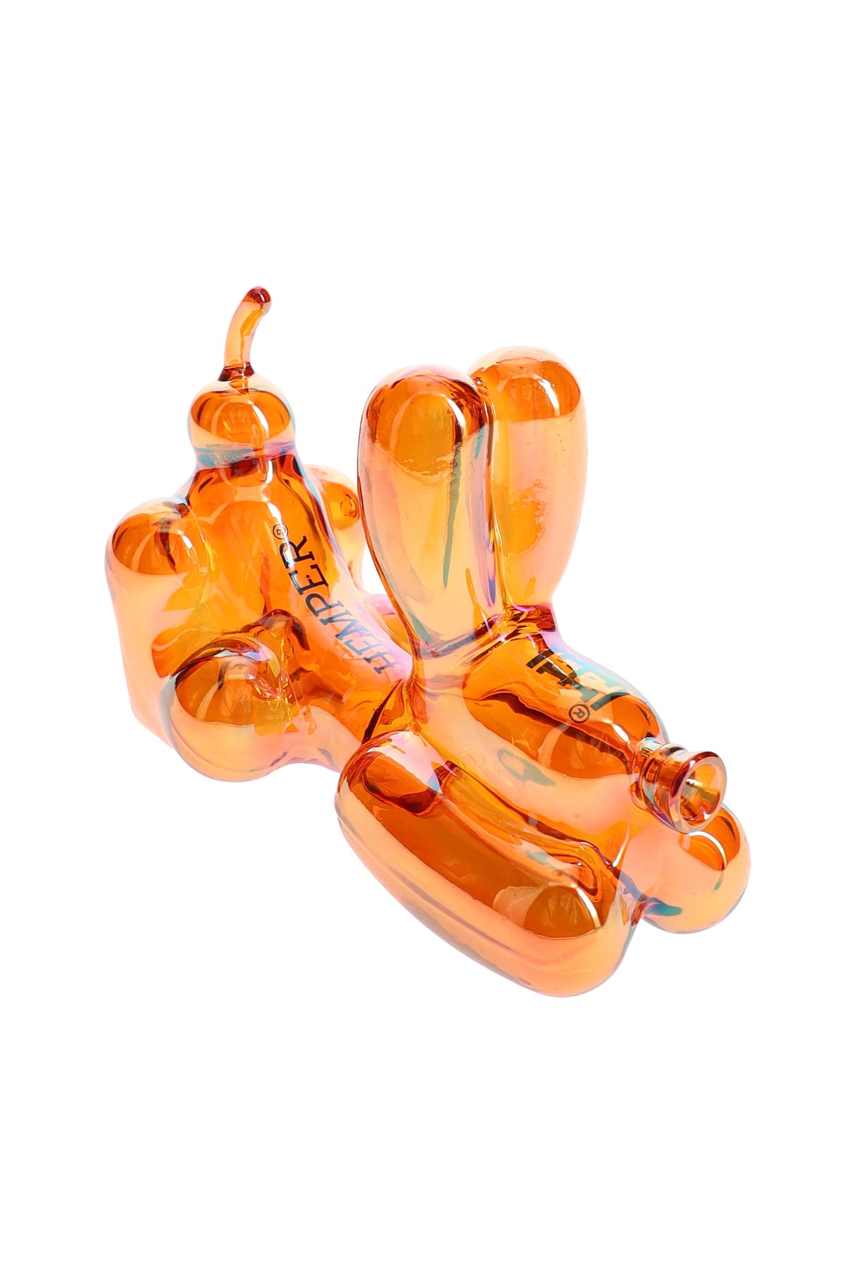 Hemper 4″ Balloon Dog amber glass pipe in lounging pose, bowl on the belly and nose mouthpiece against white background.