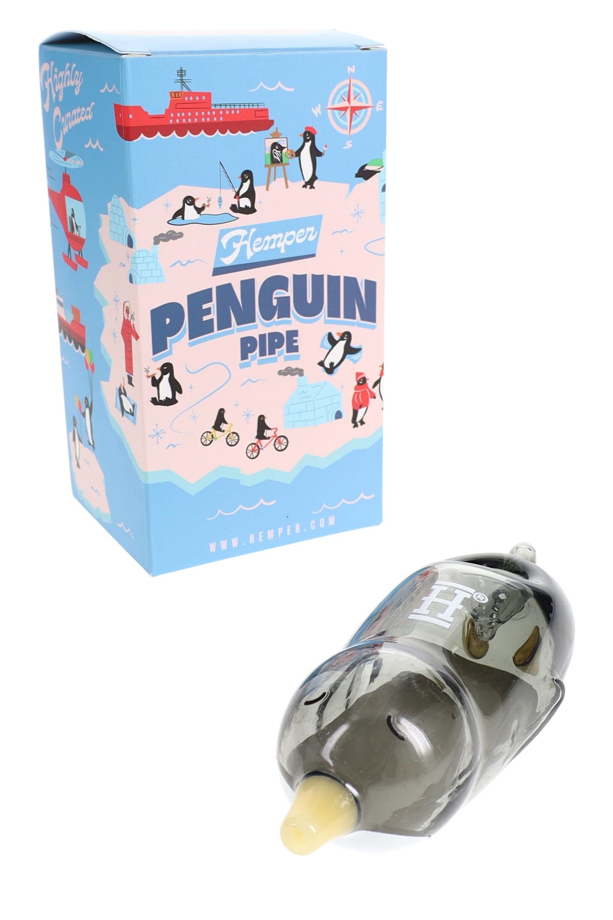 Hemper Penguin glass hand pipe shown in front of bright blue Penguin Pipe box with cartoon arctic graphics on white backdrop.