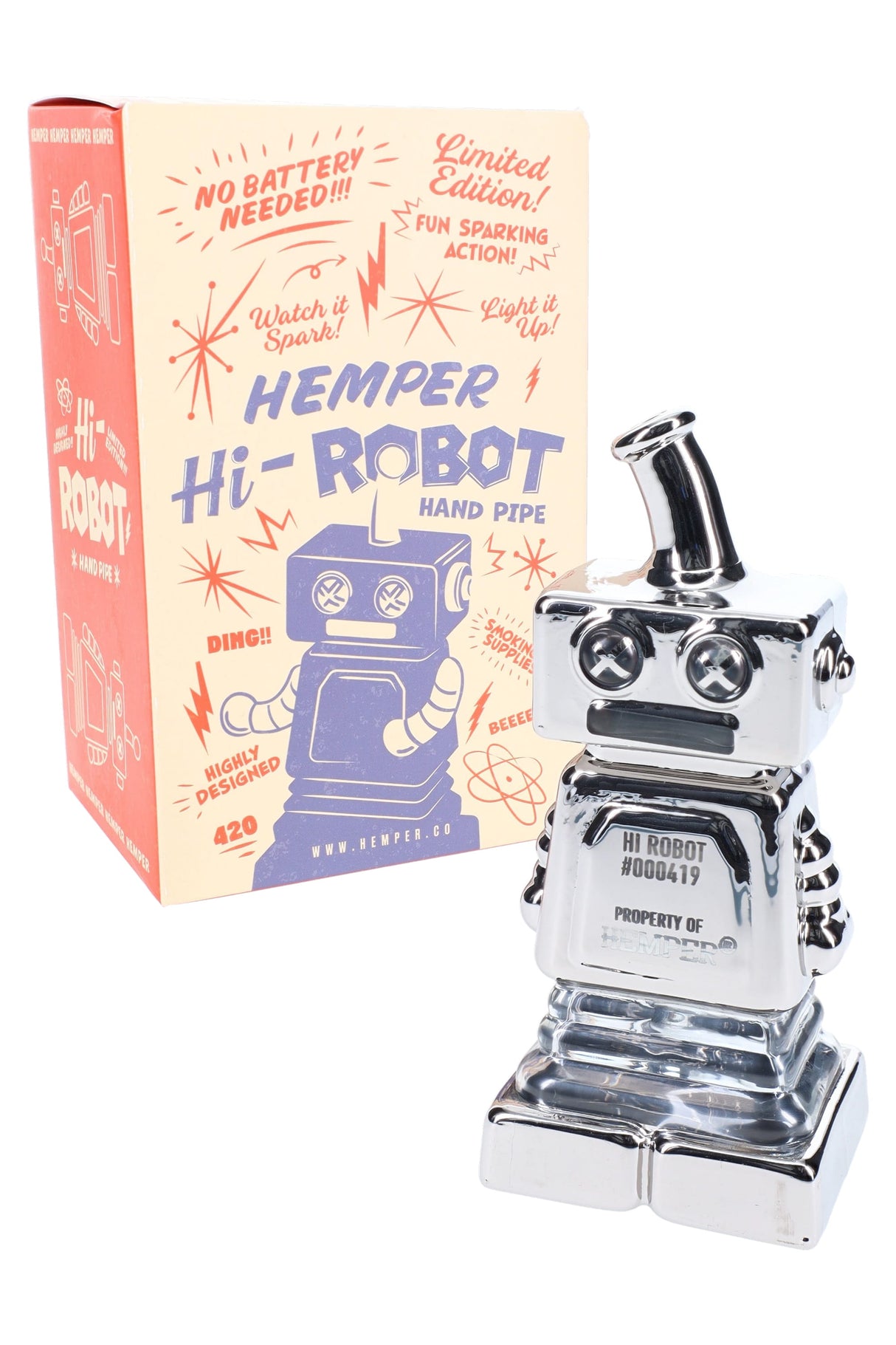 Hemper Hi-Robot chrome glass hand pipe displayed beside vintage-style Hi-Robot box with retro graphics and limited edition callouts.