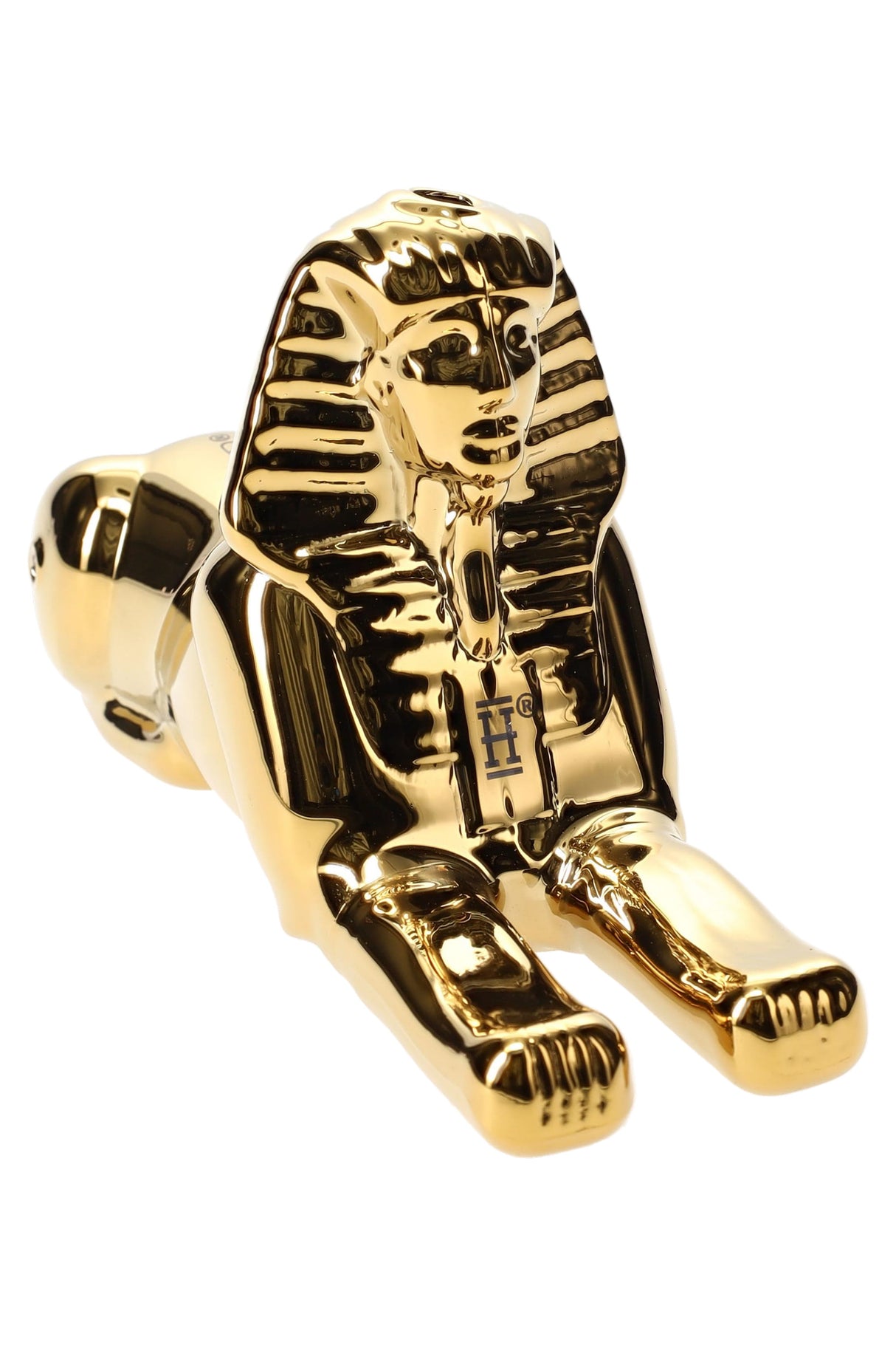 5″ Hemper Ancient Egypt Sphinx gold glass hand pipe in reclining statue pose, detailed pharaoh head and paws on a white background.