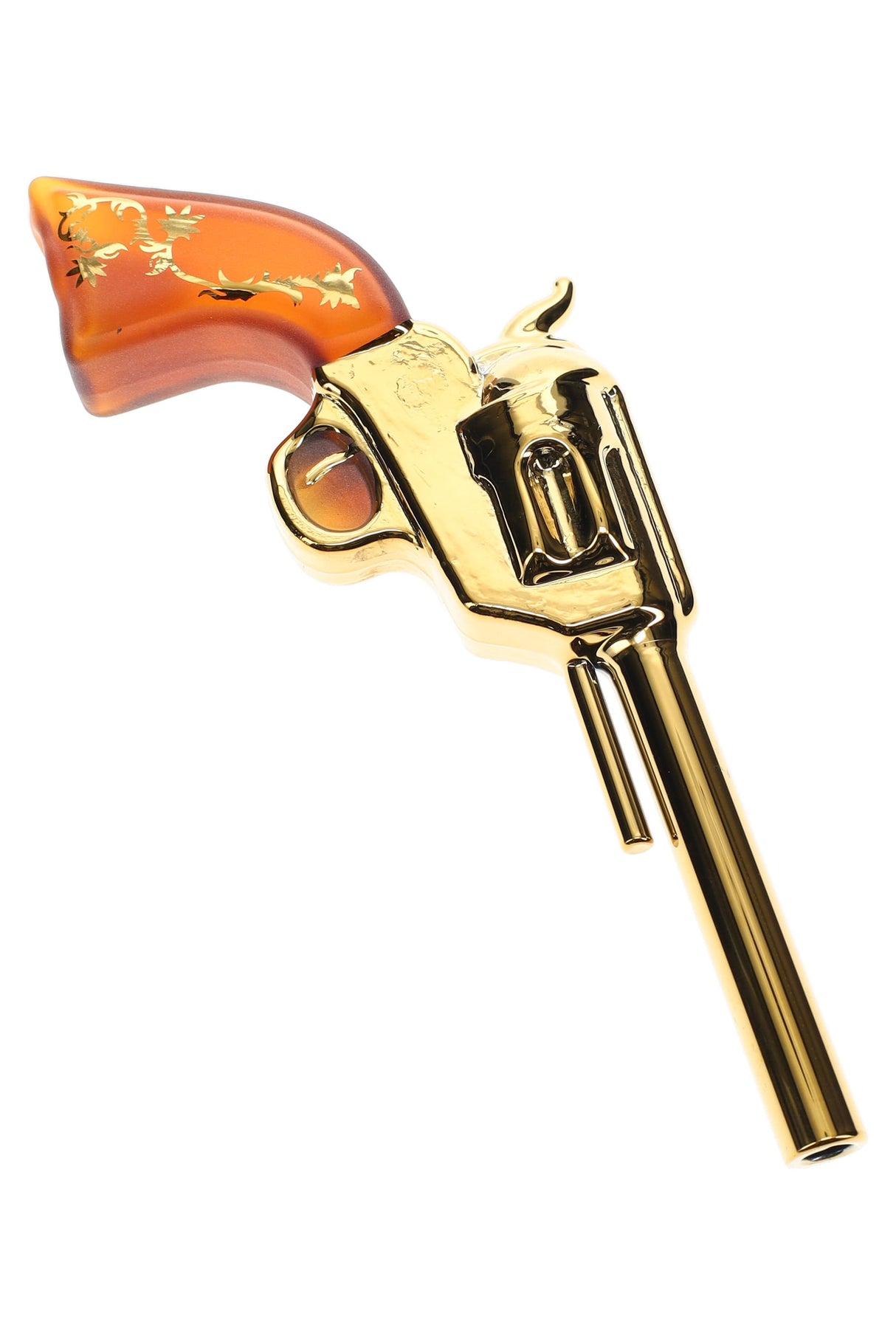 Gold Hemper Wild West Peacemaker glass hand pipe shaped like a revolver, showing amber floral grip on white background.