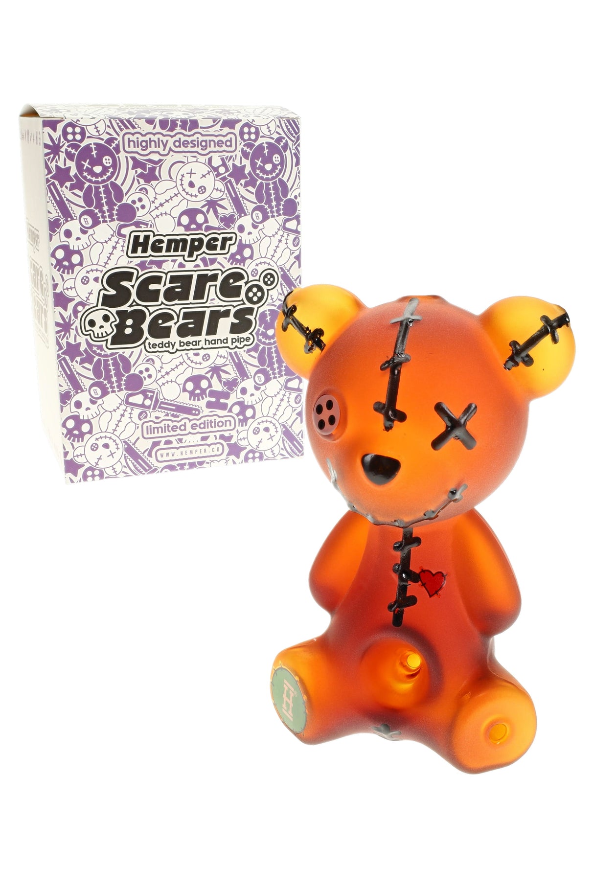 Hemper Scare Bears teddy bear glass hand pipe beside its purple box, showing spooky stitched details and front-loaded bowl.
