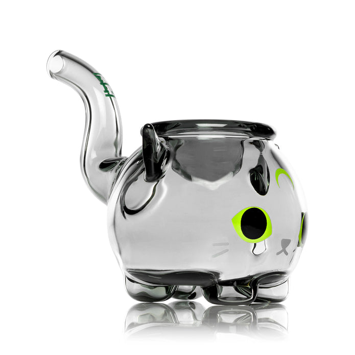 Side profile of Hemper Black Cat hand pipe highlighting smoke-tinted cauldron body and tail mouthpiece shape