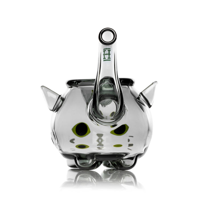 Top-down view of Hemper Black Cat hand pipe showing ear details, bowl opening, and tail mouthpiece alignment