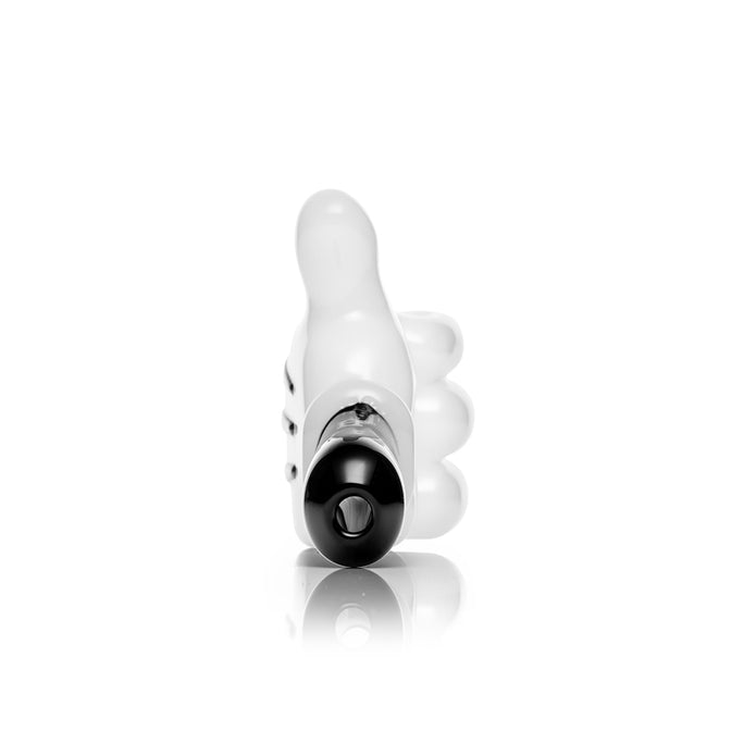 Angled front view of Hemper High Jinx thumbs-up hand pipe highlighting black mouthpiece end and thick glass body
