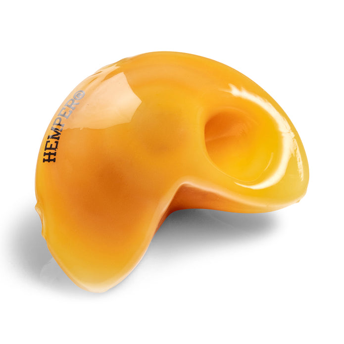 Close-up of bowl opening on yellow fortune cookie glass hand pipe, small everyday glass pipe for dry herb use