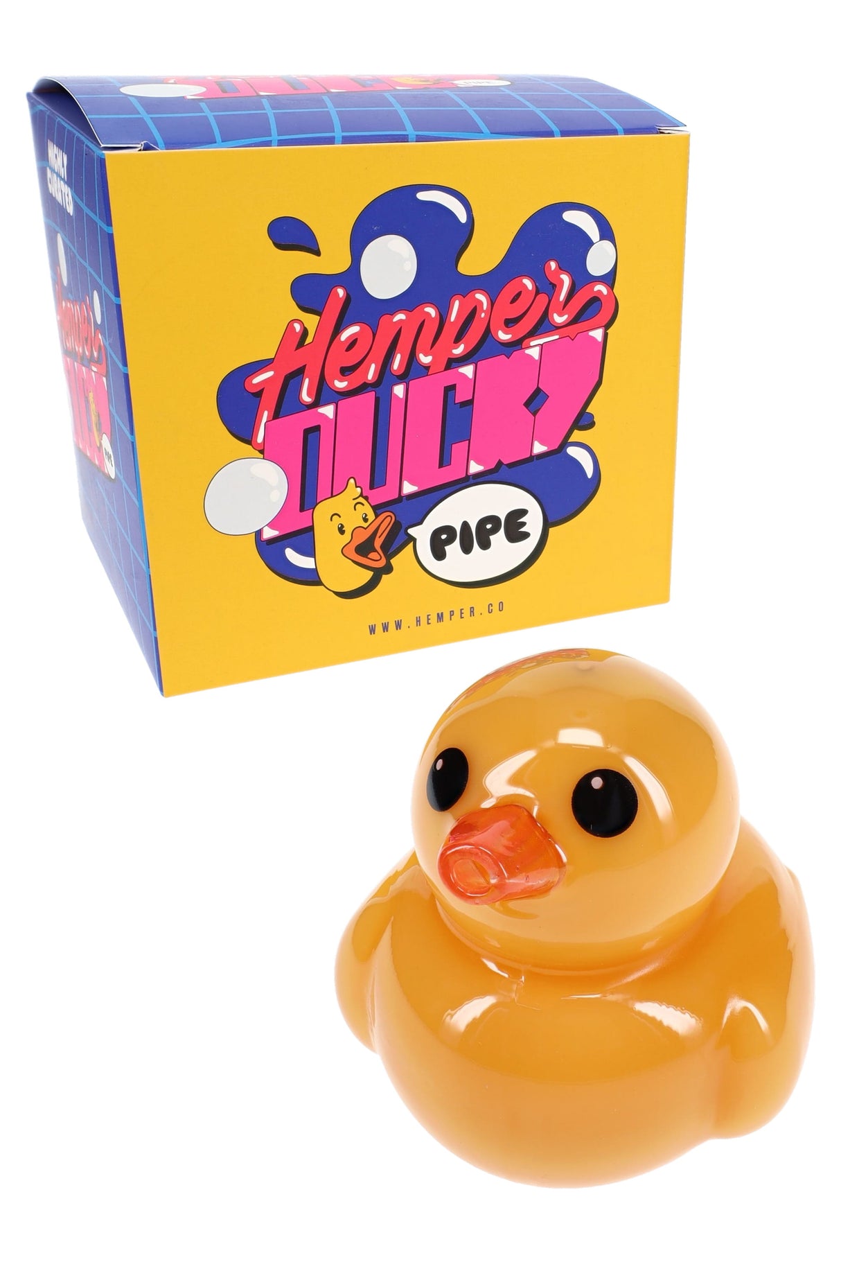Hemper Ducky glass hand pipe with branded box, bright yellow duck design with orange beak in compact 3″ size