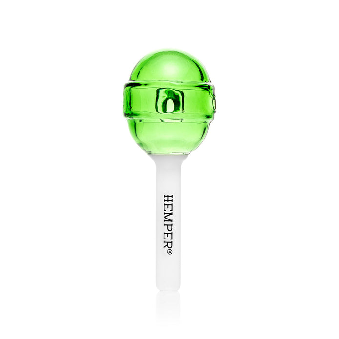 Rear angle of green lollipop glass hand pipe showing carb hole detail and printed branding on the white stick