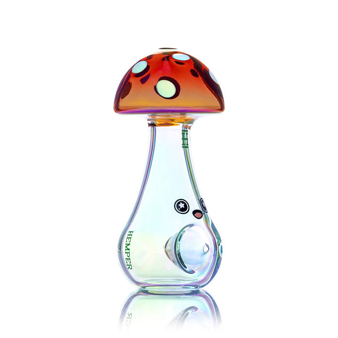 Side profile of Hemper Trippy Shroom pipe highlighting bold mushroom artwork and comfortable 4.5″ hand-pipe shape