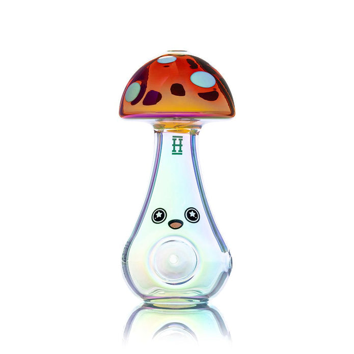 Close-up of psychedelic mushroom glass hand pipe showing detailed patterning and glossy glass finish for dry herb use