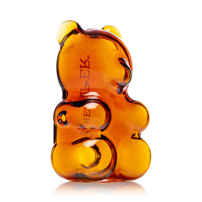 Top view of Hemper gummy bear hand pipe showing bowl opening placement and mouthpiece alignment in 3.5″ piece