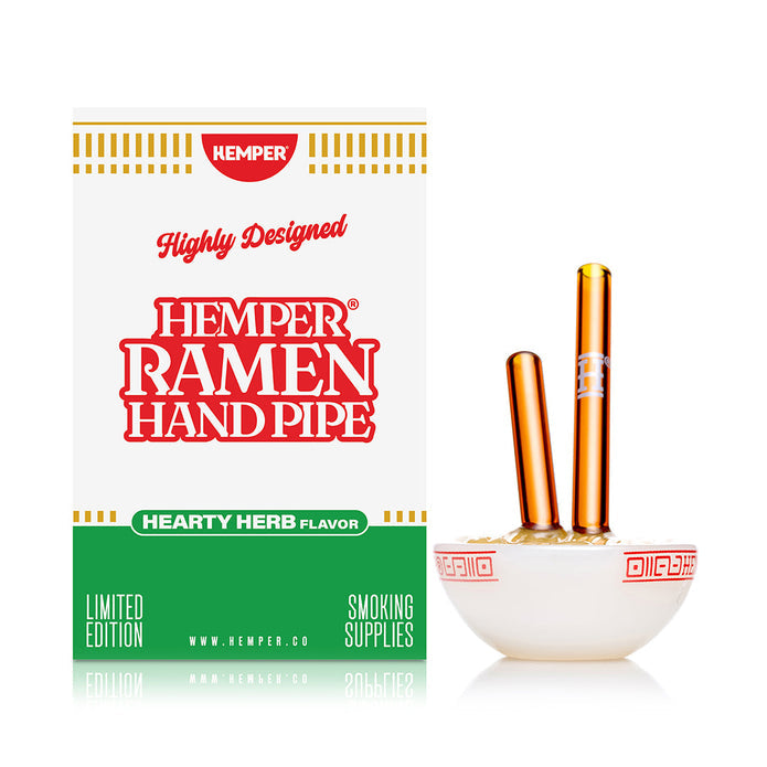 Side profile ramen bowl glass hand pipe showing wrapped bowl-rim decal and amber chopstick mouthpiece, 3.3″ tall