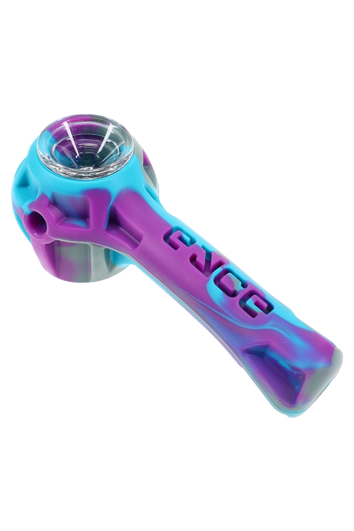 Teal and purple Eyce Gavel silicone spoon pipe with inlaid glass bowl and flat base, angled studio view