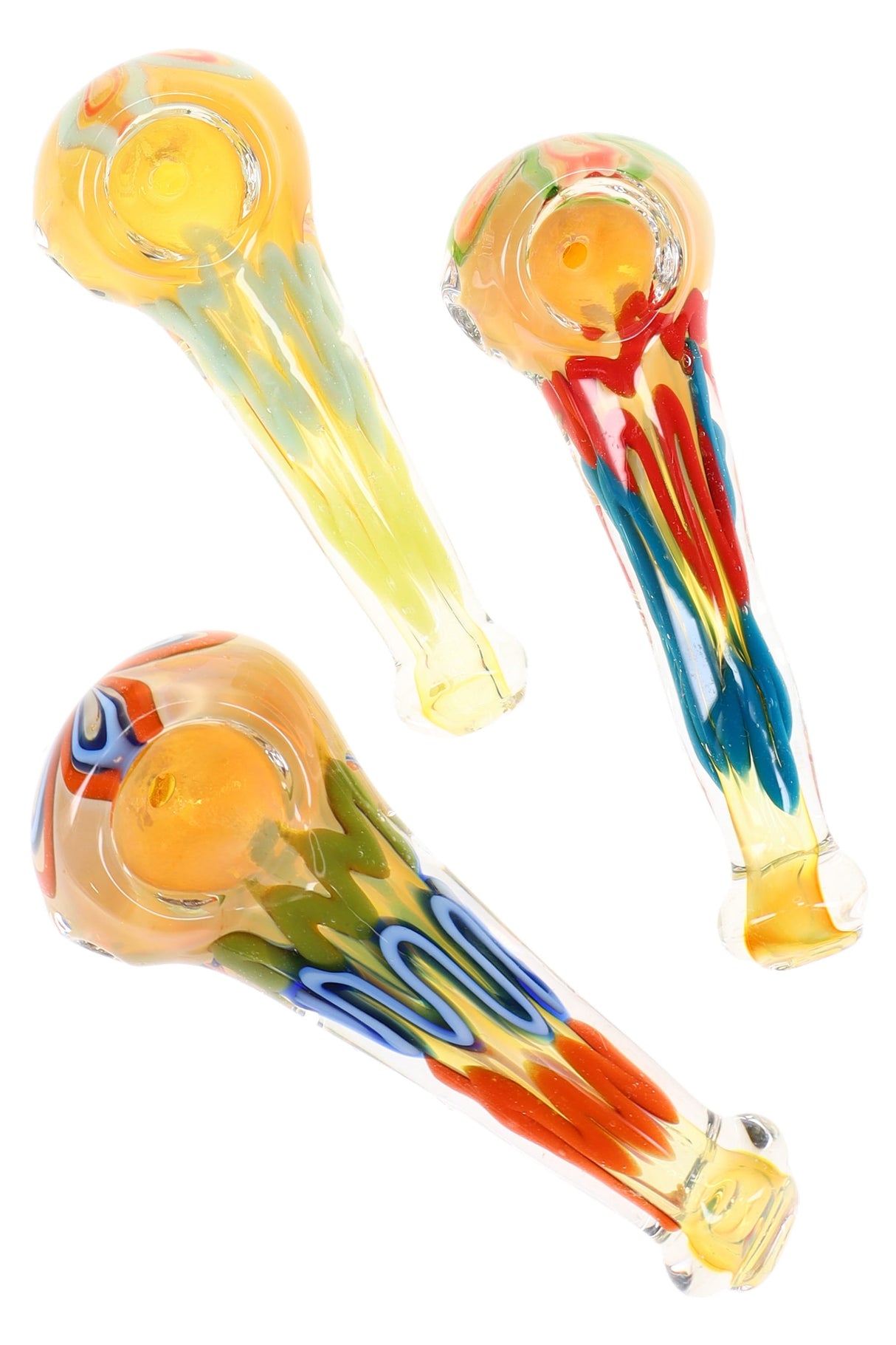 Assorted silver-fumed spoon pipes with multicolor squiggle stripe accents, three styles shown on white