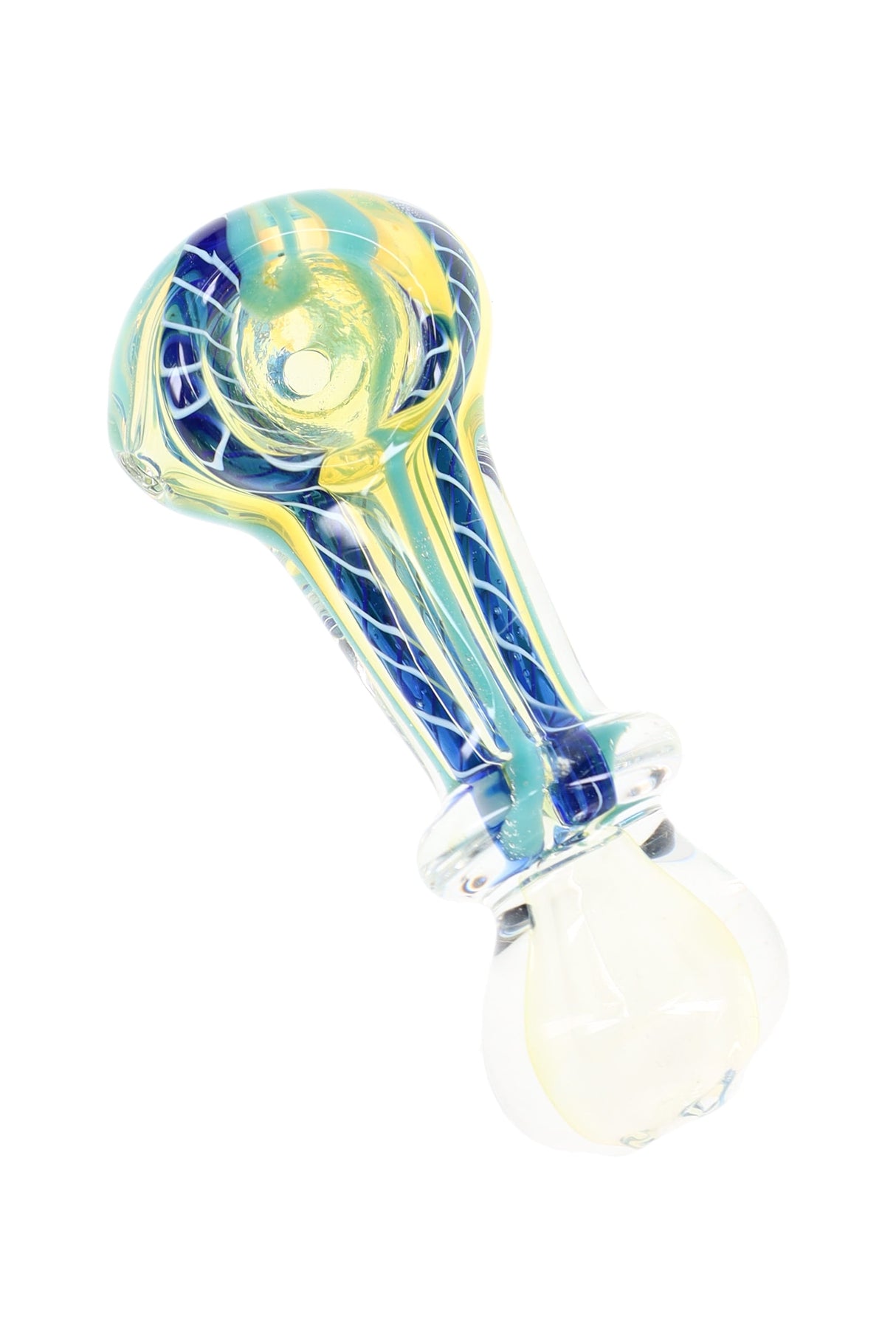 Compact glass hand pipe with teal and navy striped accents and a pale color-changing ring near the mouth end