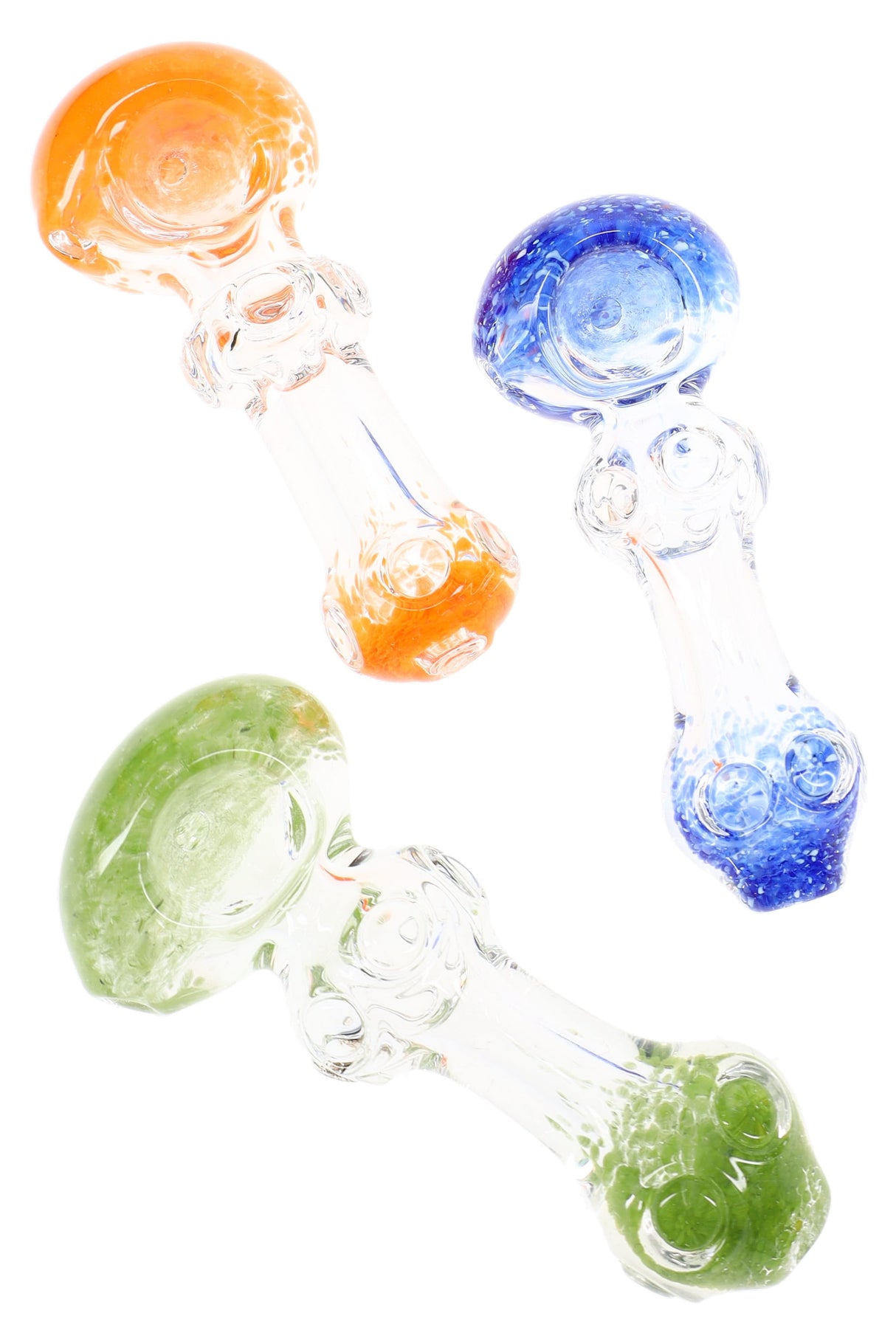Assorted clear glass hand pipes with colored frit ends and indented bubble accents in orange, blue, and green