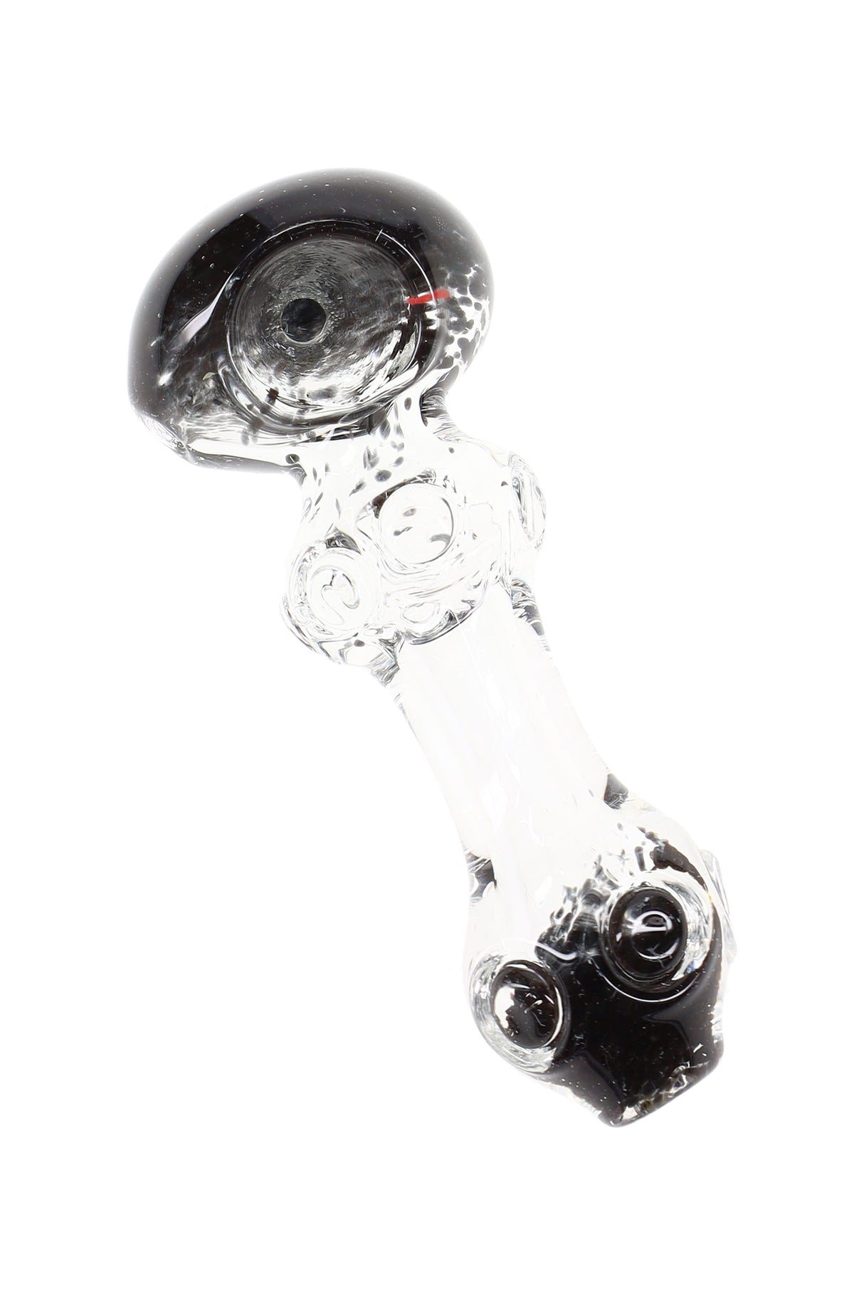 Clear glass hand pipe with black frit bowl and matching frit mouth end, featuring indented bubble grip details