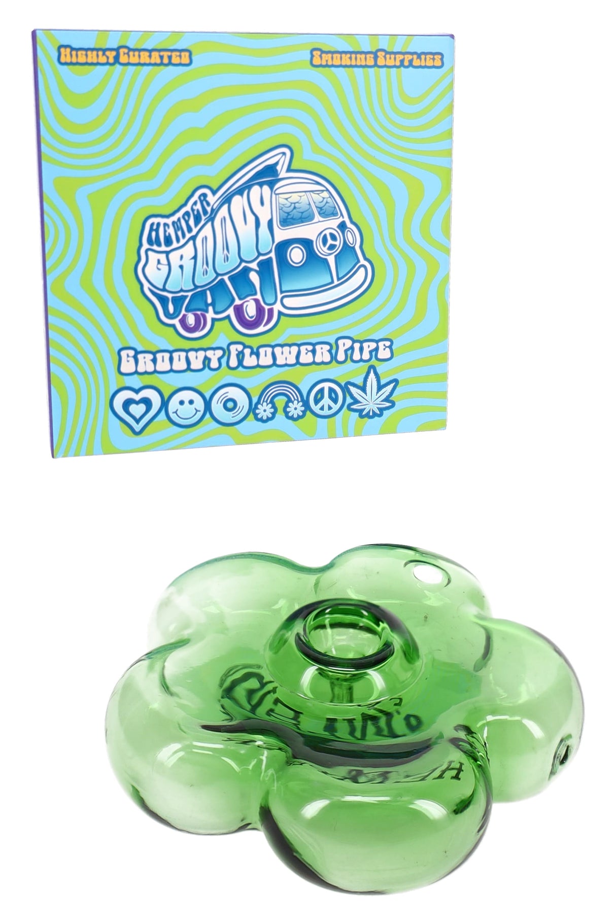 Hemper Groovy green flower glass hand pipe with retail box, transparent green blossom design for a compact daily carry