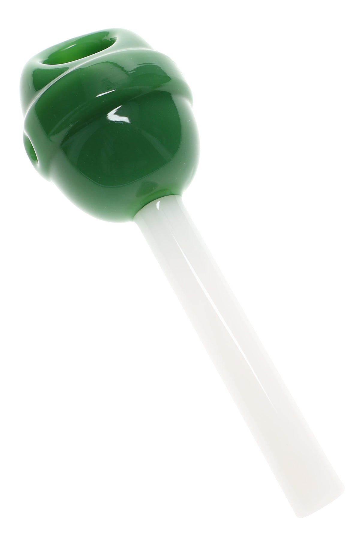 Sour Apple green glass lollipipe with white stem and novelty candy shape shown in angled close-up view