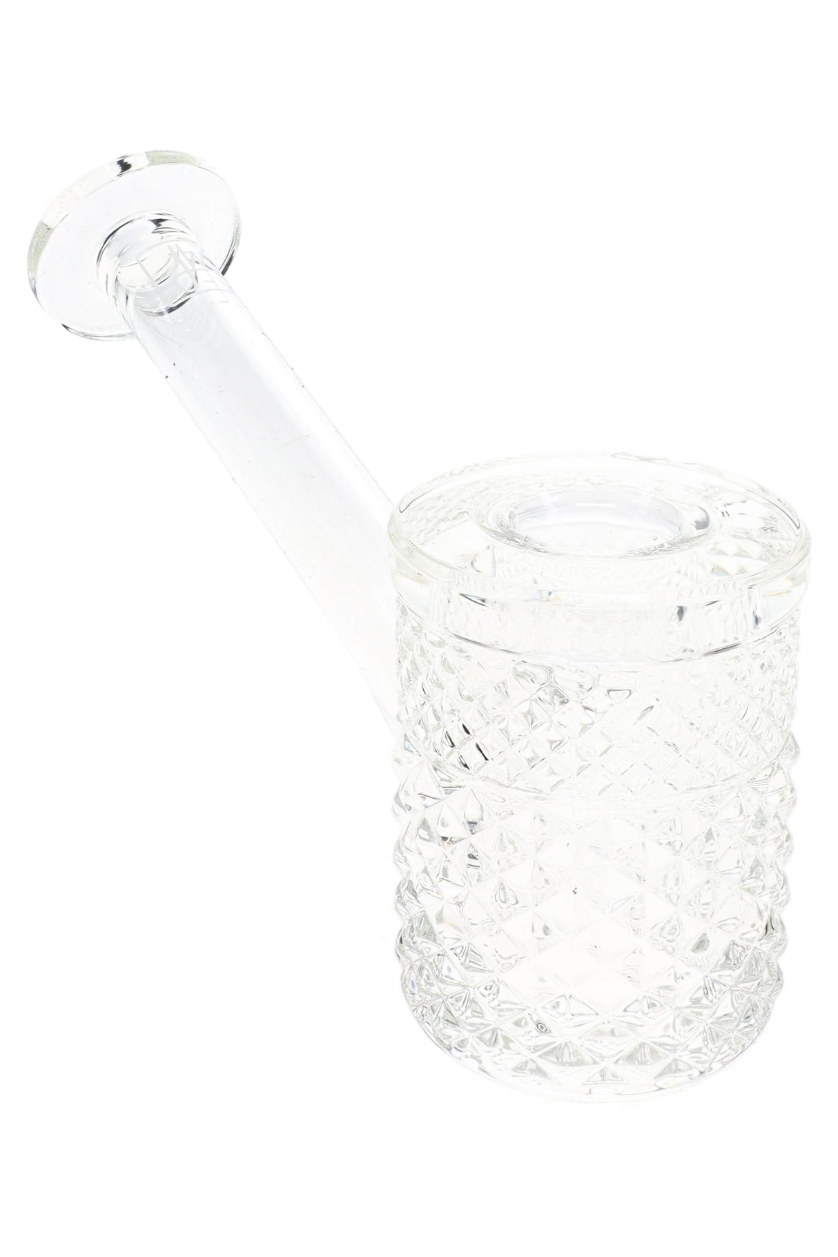 Clear Jane West glass hand pipe angled view with raised geometric texture and wide mouthpiece