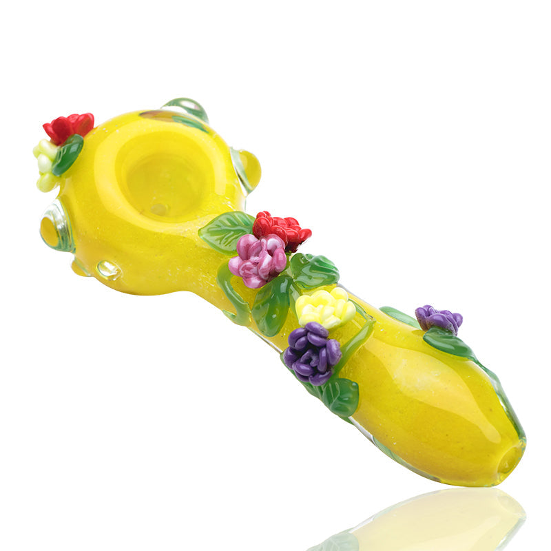 Empire Glassworks Sunshine Garden hand pipe angled view showing sculpted flowers and leafy glass detail
