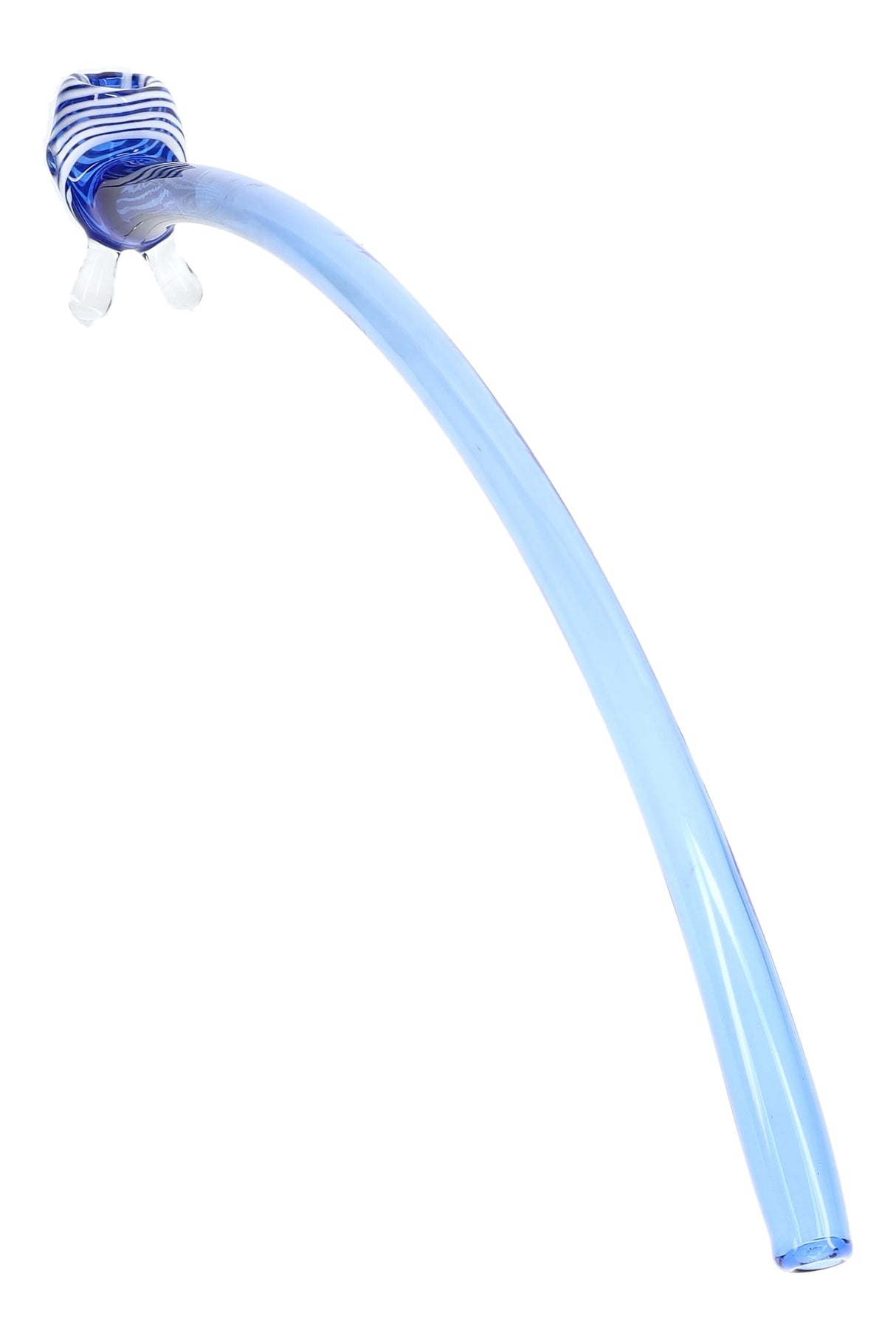 Light blue 17″ glass Gandalf pipe with dark blue striped bowl, curved stem, and clear glass feet
