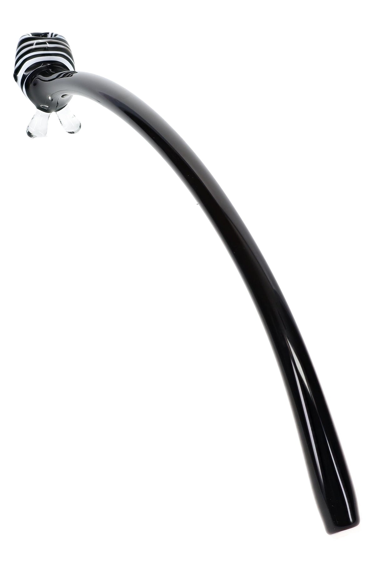 Black 17″ glass Gandalf pipe with extra-long curved stem, white-striped bowl, and clear glass feet